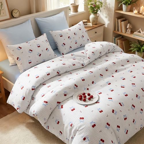 Image of Nayoroom Blue Striped Bow Duvet Cover Queen Size Red Cherry Duvet Cover 3 Pieces Soft Lightweight Microfiber Girls Cute Aesthetic Dorm Bedding Set with Zipper Closure