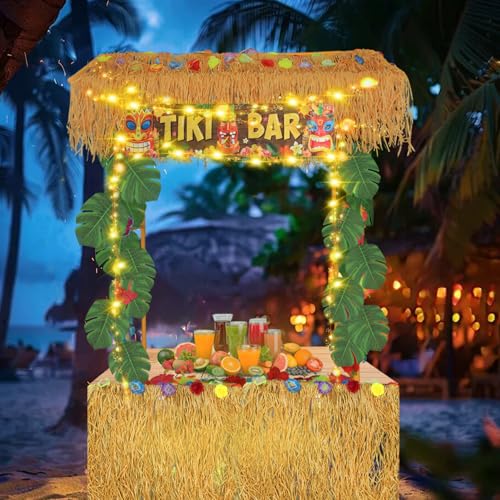 Tiki Bar Hut Party Decoration,Tiki Bar Kit Includes Reusable Tiki Bar,Portable Outdoor Tiki Bar Decor with LED Lights for Summer Party, Luau Party Decorations