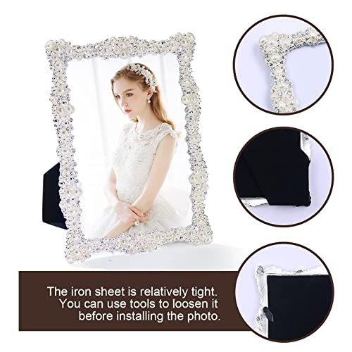 5X7 Pearl Picture Frame With Crystal For Wedding,Silver Plated With High Definition Glass Photo Frames With Rhinestones Horizontal And Vertical Decor Tabletop Display (Real Glass) #TOP5