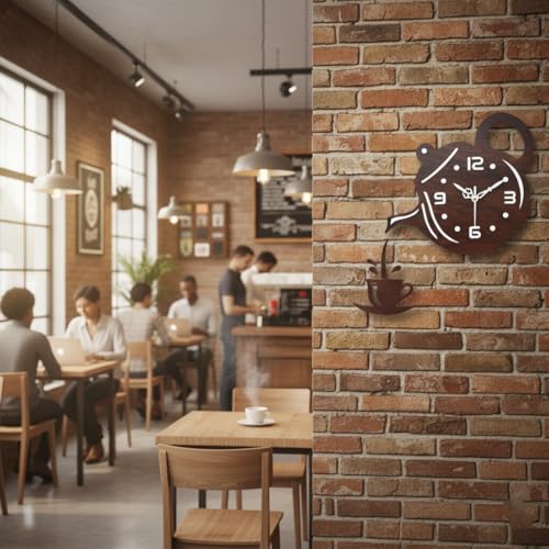 Image of Designer Wooden Wall Clock | Unique Teapot Shape Wall Clock for Home, Kitchen, Living Room & Office | Decorative Modern Acrylic Wall Clock (Dark Woode)