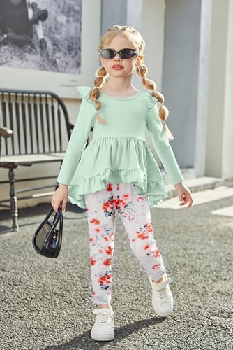 Image of Arshiner Toddler Girl Clothes Ruffle Trim Long Sleeve Pullover Top and Floral Print Leggings Fall Outfits Kids Clothing Sets