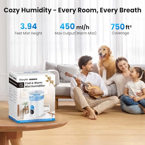 Image of Humidifiers for Bedroom Large Room Home - GloryAir 6L Quiet Top Fill Cool & Warm Mist Humidifier with Smart Humidity Control, Remote Control, 7-Color Light, Humidistat, Oil Diffuser
