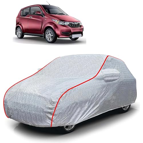 Image of Sulfar 100% Waterproof Car Body Cover Compatible with Mirror for Mahindra e2o (Triple Stitched, Full Bottom Elastic, Magic Silver with Red Piping)