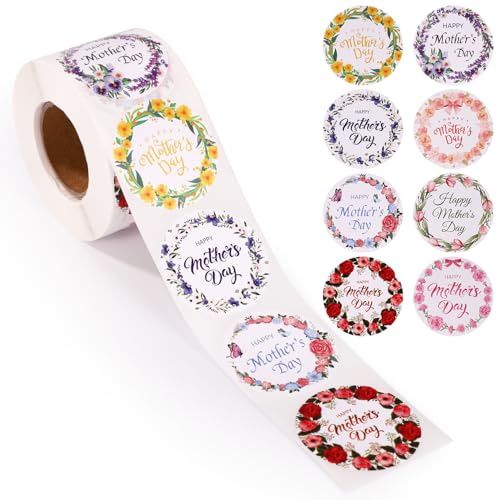 Tinoaly 1 Rollo 500uds Pegatinas Día Madre, 38mm Redondas Floral Etiquetas Regalo Día Madre Etiquetas Mamá Decoraciones Perfectas y Suministros para Fiestas Cajas Sobres Tarjetas Papel Regalo