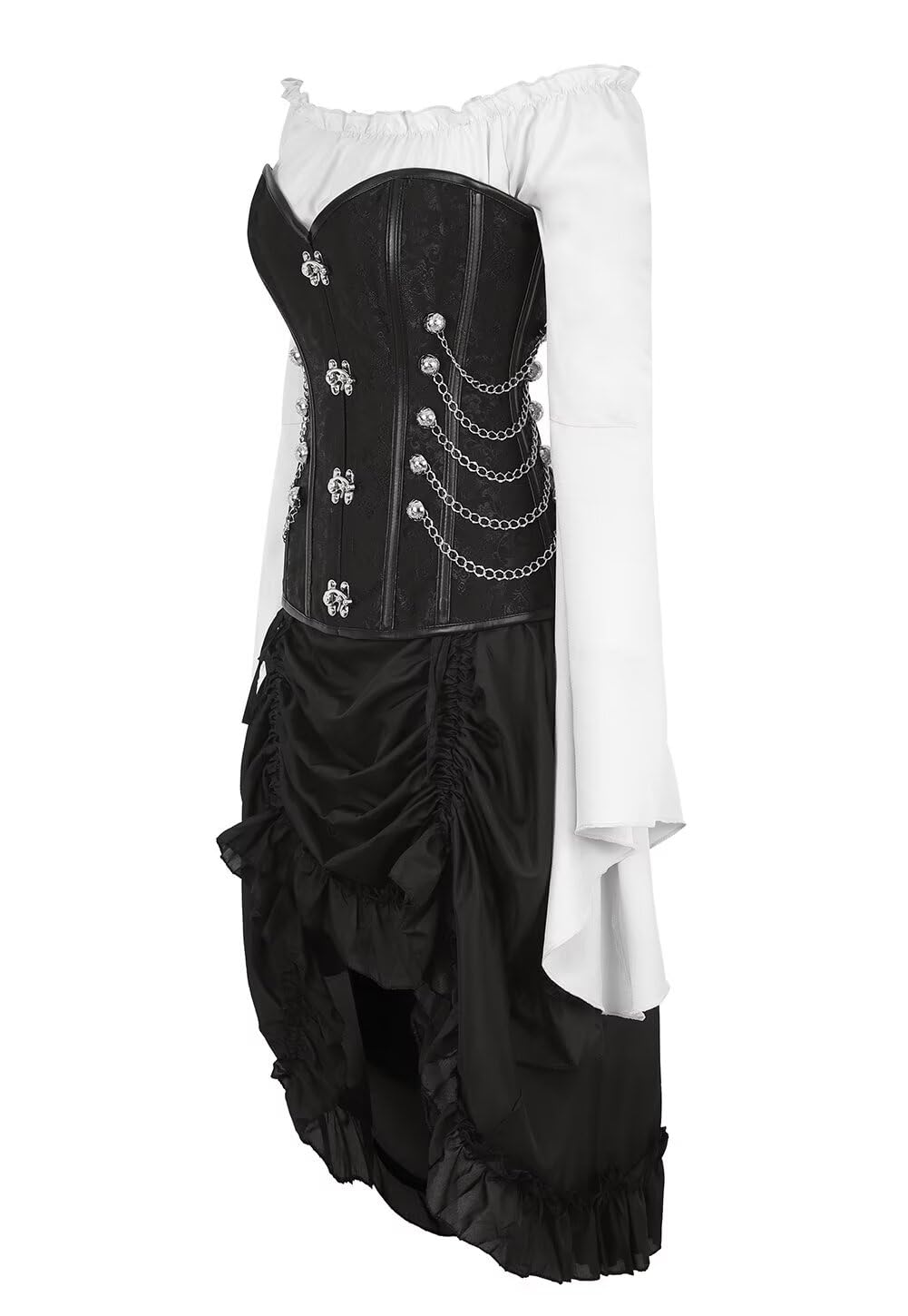 Josamogre Steampunk Corsage Corsagenkleid Korsett Bustier Piraten Kostüm mit asymmetrischer Spitzenrock und Bluse für Karneval Halloween