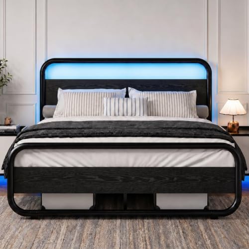 Image of Queen Bed Frame, Metal Platform Queen Bed Frame with Wood Headboard, Black