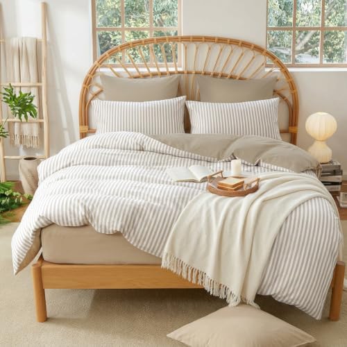 Image of Nayoroom Brown Striped Duvet Cover Queen Reversible White Taupe Bedding