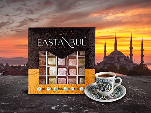 Eastanbul Traditional Turkish Delights Candy W/ 5 Fruit Flavors: Strawberry, Peach, Melon, Orange, And Blackberry, Turkish Delight Assorted Foreign Candy Of Turkish Lokum, Nut Free Turkish Delight Plain –Loukoumi, International Candy Box Of Loqums, 0.5Lb (250G) #TOP7
