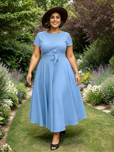 Image of Hostoyo Women Plus Size Formal A Line Maxi Dress Self Tie Waist with Pockets Elegant Round Neck Swing Long Dresses