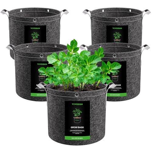 VIVOSUN 5-Pack 3 Gallon Grow Bags, 500G Thick Nonwoven Fabric Pots with Strap Handles, Multi-Purpose Rings, for Low Stress Plant Training Fruits, Vegetables, and Flowers