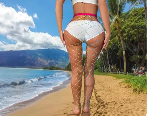 Image of Women's Rainbow Fishnet Hosiery, Neon Sheers, Rainbow Tights, Mesh Stockings - Pride Outfits