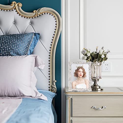 5X7 Pearl Picture Frame With Crystal For Wedding,Silver Plated With High Definition Glass Photo Frames With Rhinestones Horizontal And Vertical Decor Tabletop Display (Real Glass) #TOP6