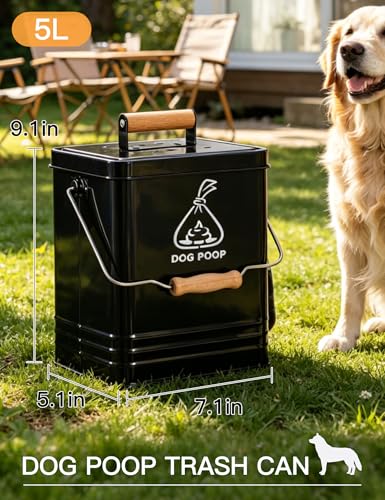 Image of Dog Poop Trash Can Outside, Metal Pet Waste Trash Can with Lid & Handle, 5L /1.3Gal Dog Waste Station with Bag Holder & 30 Bags(Black)