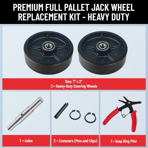 Image of Set of 2 Pallet Jack Steering Wheels (7 inch x 2 inch) Black Polyurethane on Steel Hub - Heavy Duty Replacement Parts with Pre-Installed Bearings, Axles & Fasteners - Fits Most Pallet Trucks