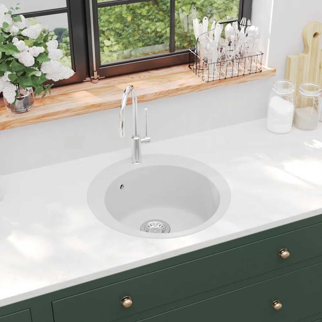 Lavello in granito rotondo, bianco, 50,5 cm, lavello singolo da