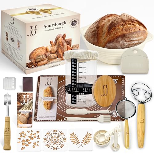 JIG JAR 35 Piece Sourdough Starter Kit Complete Bread Baking Set with Jar Dough Tools Proofing Basket Pastry Mat Whisk & Gift-Ready Packaging White