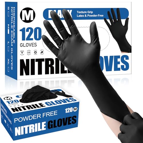 Fixwal Gloves for Cooking Food Prep Black Disposable Nitrile Gloves 4 Mil 120 Count Cleaning Service Gloves Latex Free Powder Free