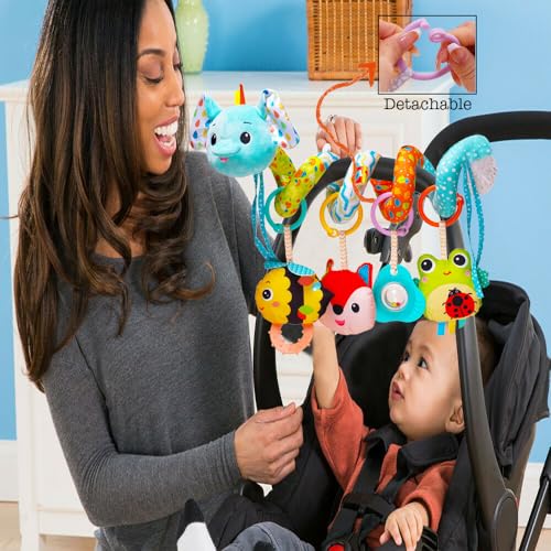 Image of Sensory Hanging Stroller Toys, Car Seat Toys for Babies Infants 0-6 Months | Activity Spiral Plush Hanging Toy Gift for Baby Boys and Girls 0 3 6 12 Months Newborn Toys with Rattles Squeaker Music -Blue
