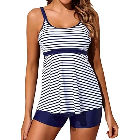 Yonique Two Piece Tankini Bathing Suits for Women Tummy Control Swimsuits with Boy Shorts Modest Swimwear, Blue and White Stripe, Medium Cover