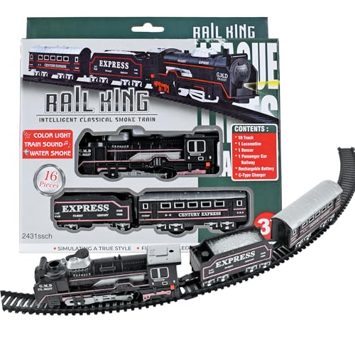 Image of Braintastic Rail King Electric Train Set for Kids|16-Piece Classic Track Set with Light, Sound & Smoke|Rechargeable Battery Operated Track Train Toy for Boys & Girls