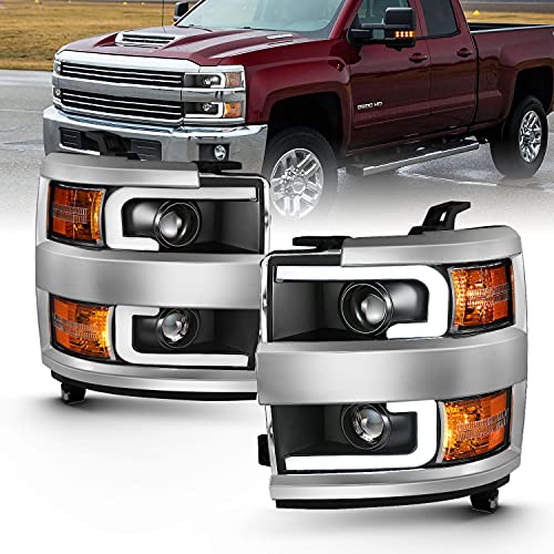 AmeriLite for 2015-2019 Chevy Silverado 2500HD 3500HD Work Truck Black Quad Projector Headlights w/Dual LED Tube Replacement Assembly Set - Passenger and Driver Side