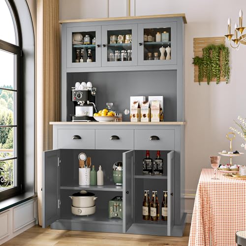 Image of MU 71 inch Kitchen Pantry Cabinet with Charging Station, Tall Pantry Hutch with Drawers, Countertop & Microwave Shelf, Food Storage Cabinet for Dining Room & Coffee Bar, Grey