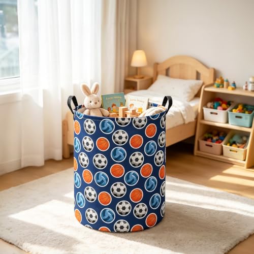 Image of Round Laundry Basket Collapsible Storage Hamper Organizer Ball Sports | Waterproof Canvas Foldable Baskets with sturdy Handles Multi-scene Organizer for Home Play Bedroom Gift Bin