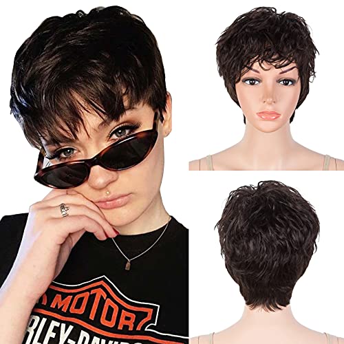 DÉBUT Human Hair Wigs for Women Short Pixie Wigs Brazilian Virgin Hair 9 Inches 76g (#2 Dark Brown)