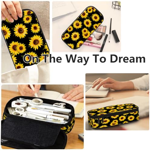 Image of Yekiua Sunflower Pen Bag Elegant Stylish Blossom Floral Large Pencil Case Big Capacity Pencil Pouch Pencil Holder Yellow Black
