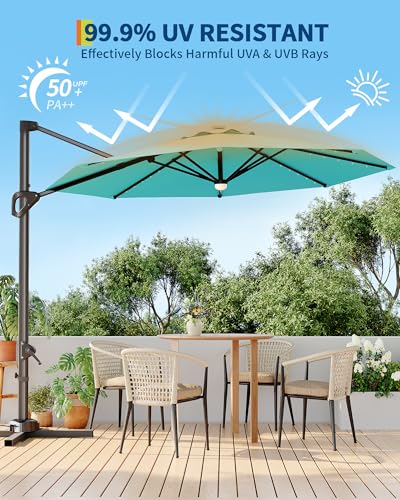 10FT Patio Umbrella Outdoor Solar LED Large Cantilever w/Base Included Market Sun Shade Windproof Offset with 360-Degree Rotation for Garden Deck Pool Patio, Turquoise Blue