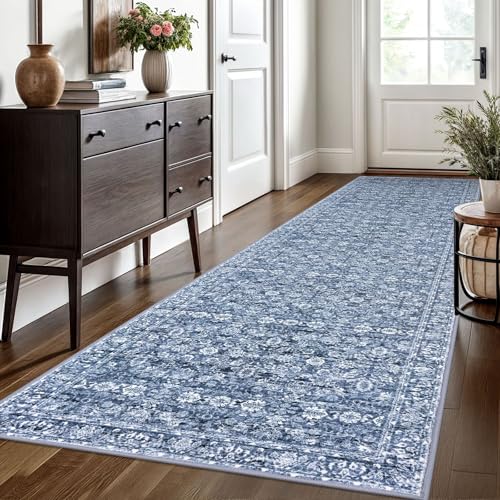 3x10 Blue Washable Runner Rug for Kitchen, Soft Classic Runner with Non-Slip, Non-Shedding Distressed Floral Rug for Hallways Entryway Bedroom Bathroom Laundry Indoor