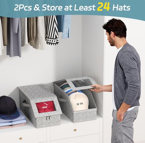 AOODA 2 PCS Stackable Hat Storage for Baseball Caps, Holds up to 24 Caps Hat Organizer for Closet, Sturdy Snapback Boxes for Men with Cardboard, Grey by AOODA - Image 2