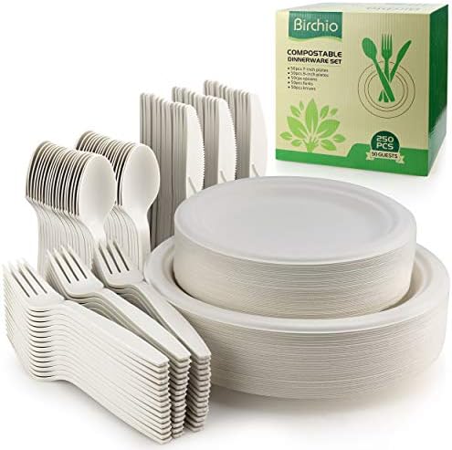 BIRCHIO 250 Piece Biodegradable Paper Plates Set (EXTRA LONG UTENSILS), Disposable Dinnerware Set, Eco Friendly Compostable Plates & Utensil include Plates, Forks, Knives and Spoons for Party