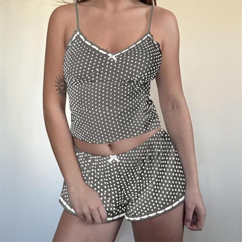 Image of Yuemengxuan Women Y2k Polka Dot Pajamas Sets 2 Piece Sexy Summer Outfits Set Sleeveless Strappy Cami Top Crop Top Shorts Set