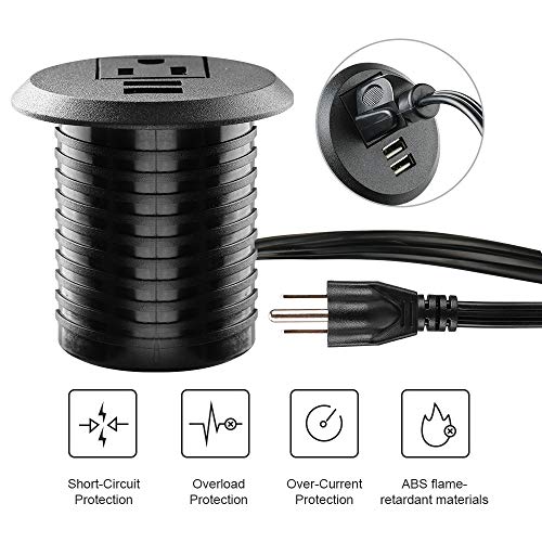 Maggie Extensión de energía con grommet de escritorio 2 pulgadas, 1 enchufe y 2 puertos USB, cable de 1.98 m miniatura 3