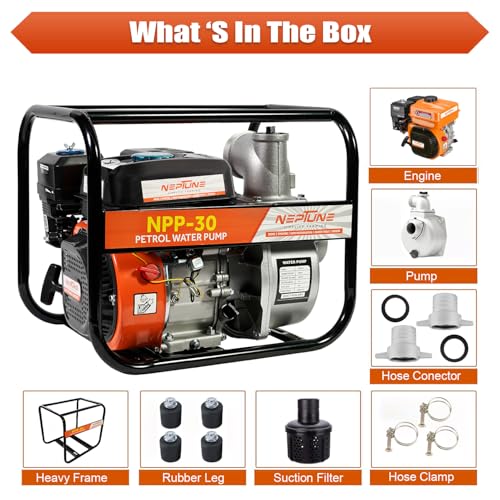 Neptune Simplify Farming WP-30 Water Pump | 6.5 HP,4 Stroke Advanced Technology 196 CC Petrol Engine 3600RPM | Ideal for Agricultural, Farming, Irrigation, Draining Construction, Cleaning And Gardning
