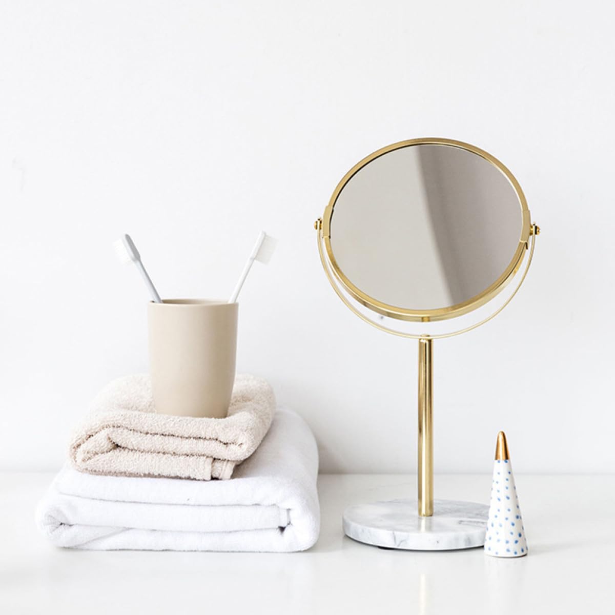 Specchio Cosmetico da Tavolo Rotante, Base Marmo Oro, Stile Nordico