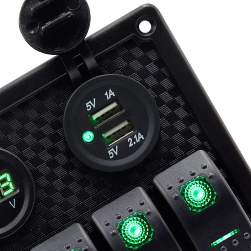 Riloer 6 Gang Rocker Switch Panel Fuse Panel Waterproof, Digital Voltmeter Display, Dual USB Charger Port DC 12V Power Socket, for RV Marine Car Vehicles Truck Boat, Green Light, Green Light