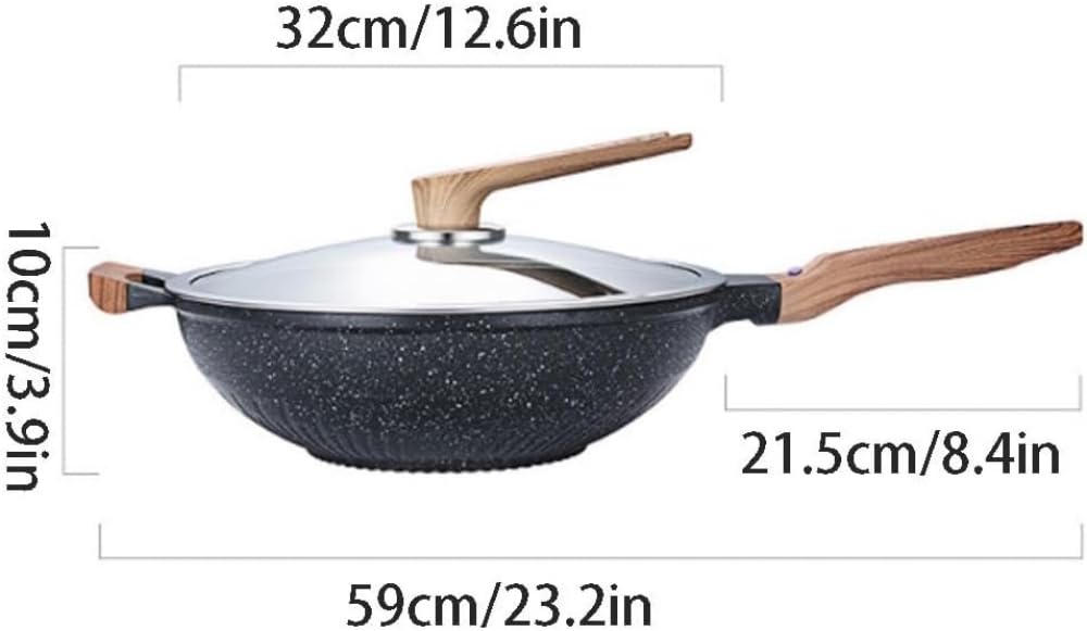 Patelnia do woków ze stopu aluminium z pokrywką, płaskie dno wygodne uchwyty patelnie do smażenia, szybkie nagrzewanie Protable powłoka granitowa płaska patelnia - średnica otworu: 32 cm