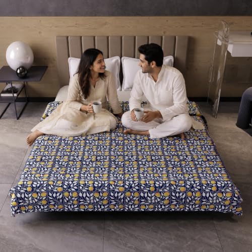 Image of Divine Casa Glace Cotton Double Bed Dohar | 120 GSM Lightweight AC Blanket | Reversible Printed Summer Quilt | 220 x 205 CM, Navy Blue & Mustard Yellow