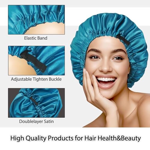 Image of Large Microfiber Hair Towel Wrap & Satin Bonnet Set for Women, Ultra Absorbent Turban 24x42 Inches & Adjustable Night Cap for Curly Hair, Prevents Frizz & Breakage