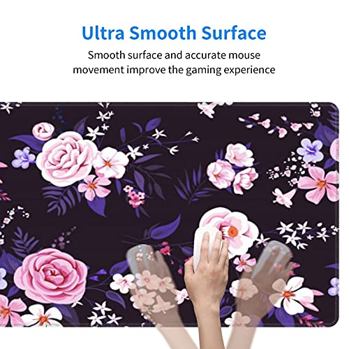Image of Flower Gaming Mouse Pad 31.5x11.8 Inch with Stitched Edges Extended Waterproof Floral Desk Pads Non-Slip Rubber Base Large Keyboard Mat Computer Gaming Mousepad for Work /Office /Home