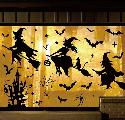JarThenaAMCS Extra Large Halloween Window Clings Black Witch Castle Bat Window Stickers Double-Sided Glass Decals for Home Classroom Office Party Decoration 4 Sheets