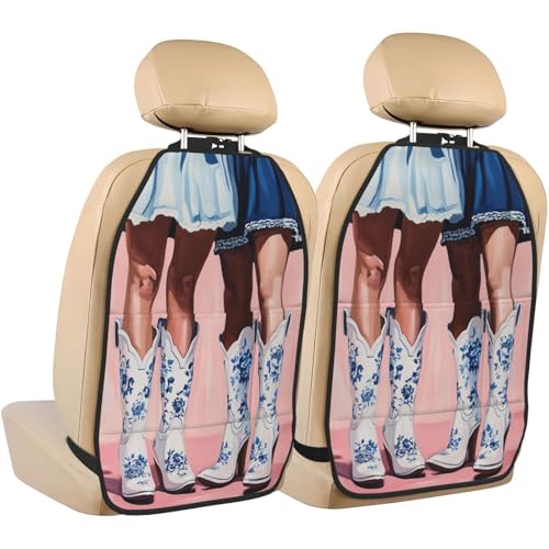Two Women Cowgirl Boots Blue Short Dress Car Seat Back Kick Protectors,2 Pack Kick Mats With Storage Pockets For Vehicles To Protect From Dirt Mud Scratches