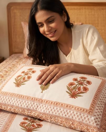 Image of Naksh King Size Bed Sheet Orange Floral Print 2 Pillow Covers | Orange Botanical Floral Print | Heritage Design for King Size Bedrooms