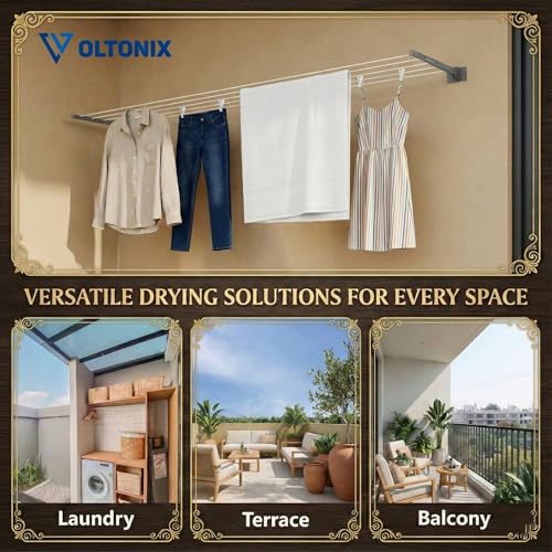 Image of Metal Foldable Wall Mount Cloth Drying Stand with 30 Feet Rope, Space Saving, Wall Mounted, for Balcony and Indoor Use (Grey)