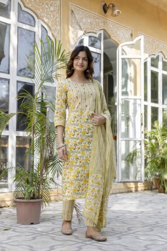 Image of Amazon Brand - Tavasya Women's Cotton Printed Kurta Set with Dupatta and Straight Pants | Salwar Suit | Ethnic Wear for Festive, Casual & Office Use