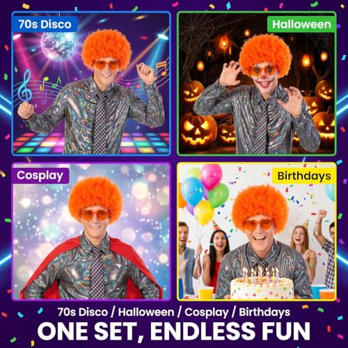 Image of FREE BEAUTY 8Pcs Orange Afro Wig with Heart Sunglasses for Women Men, Colored Short Fluffy Curly Funny Party Afro Wigs 70s 80s Disco Hair for Disco Birthday Bachelor Halloween Party Cosplay Costume