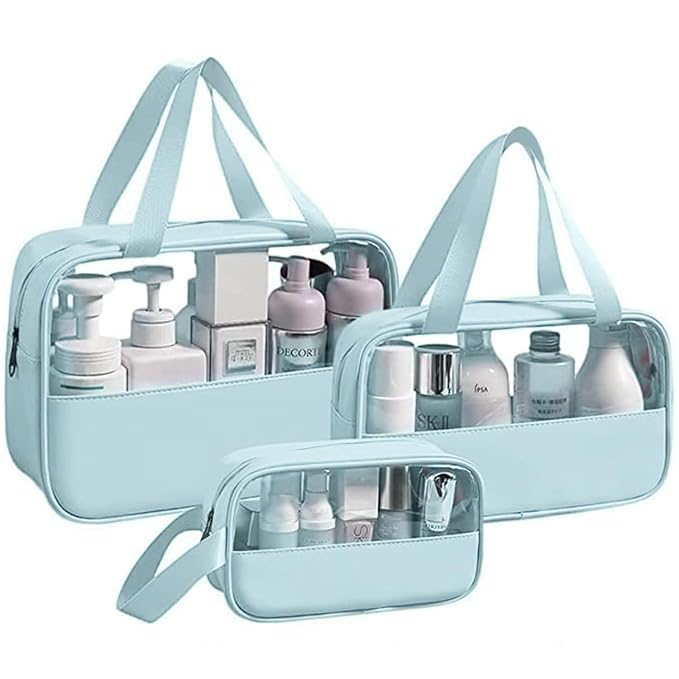Travel Toiletry Pouch for Women & Men, Portable Cosmetic Organizer Bag for Full-Sized Shampoo, Brushes Set, Toys, Stationery, Bathroom & Makeup Accessories (3 pcs Set) (Blue)