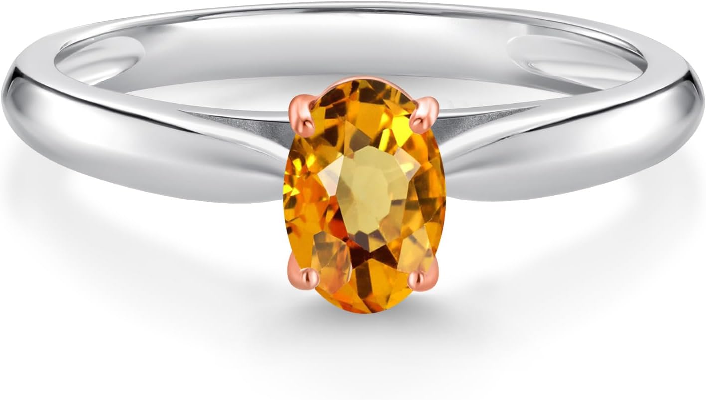Gem Stone King 925 Sterling Silver and 10K Rose Gold Prongs Yellow Sapphire Solitaire Engagement Ring For Women (0.62 Cttw, Oval 6X4MM, Gemstone September Birthstone)